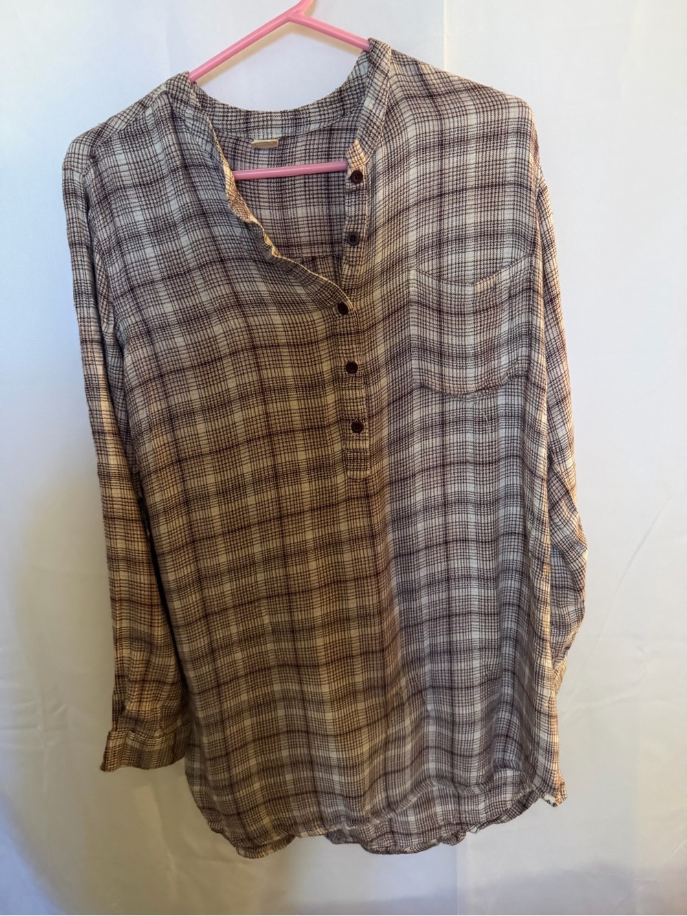 VOLCOM Lightweight Plaid Button-Up Tunic Blouse in Beige and Brown